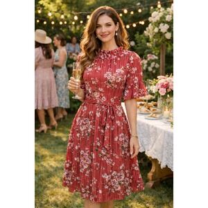 Loft Women's Size Large Dark Pink Floral Dress Lined Keyhole Ruffle Tie Belt EUC